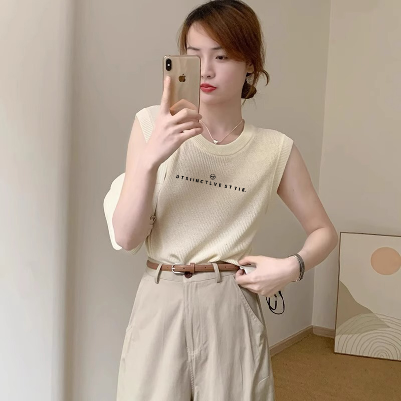 南瓜色無袖背心女外穿夏季設計感小眾無袖t恤冰絲針織衫坎肩上衣