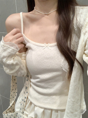 實拍 夏季韓版bm純欲修身蝴蝶結愛心鏤空純棉吊帶背心T恤上衣