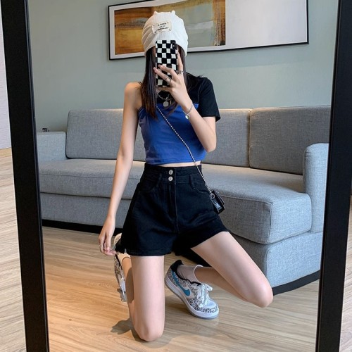 Real shot design niche side slit denim shorts for women summer high-waisted loose A-line hot pants trendy