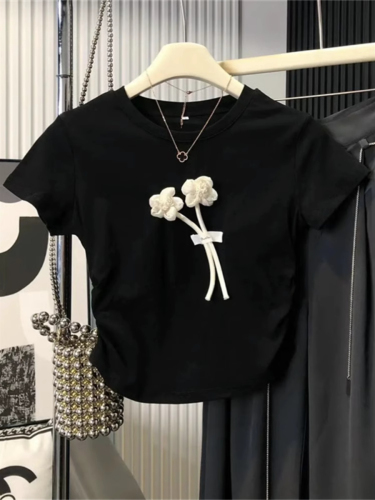 This year's new design handmade three-dimensional flower short-sleeved T-shirt women's summer black slimming pure desire short top
