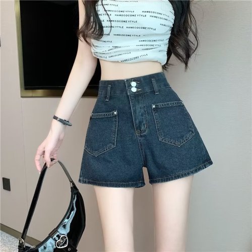 Real shot of high-waist slim denim shorts plus size spring and summer 2024 new wide-leg straight pants for small people WF92