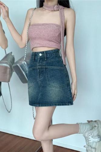 Real shot of Hong Kong style retro denim short skirt plus size 2024 summer high waist skirt skirt a line skirt insWF91