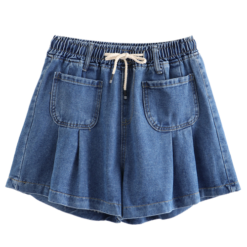 Plus size fashionable five-quarter pants for women with fat mm elastic waist drawstring double pockets pleated A-line blue denim wide-leg shorts