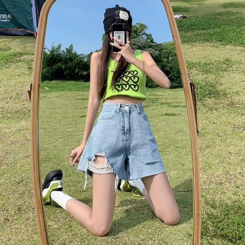 Real shot 2024 summer ripped denim shorts for women high waist loose wide legs ins large size A line hot pants trendy W8981