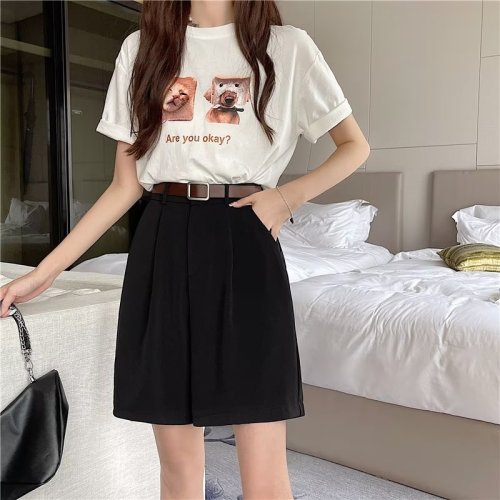 Real shot of suit A-line shorts summer thin wide-leg workwear five-point pants large size fat mm high-waisted loose medium pants