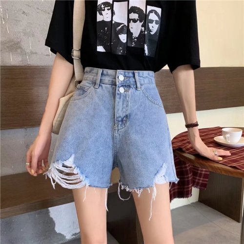 Real shot of high-waisted denim shorts for women, new thin style, large size, slim, loose, A-line wide-leg hot pants, trendy ins