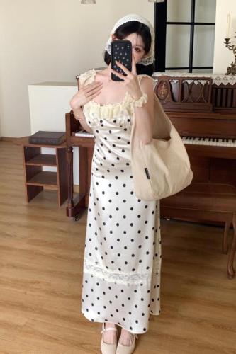 Real shot ~ Romantic sister polka dot suspender dress for women round neck backless patchwork waist slimming skirt