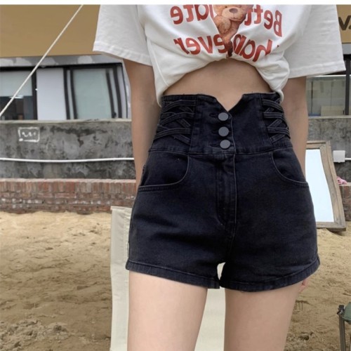 Real shot design niche super high waist denim shorts for women summer 2024 slimming loose elastic hot pants trendy ins