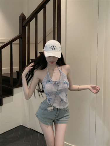 Real shot of hot girl with flower mesh halterneck pure desire butterfly flower slim suspender for women