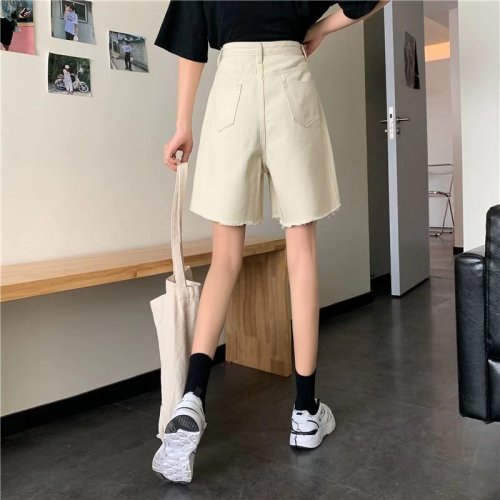 Real shot of summer 2024 new internet celebrity high-waist solid color denim shorts women's trendy ins loose wide-leg pants five-quarter pants