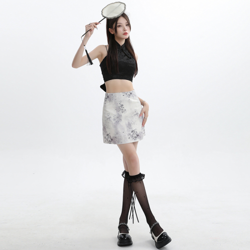 Actual shot of new Chinese-style printed hip-covering skirt for women, new high-waisted slimming Chinese-style A-line short skirt