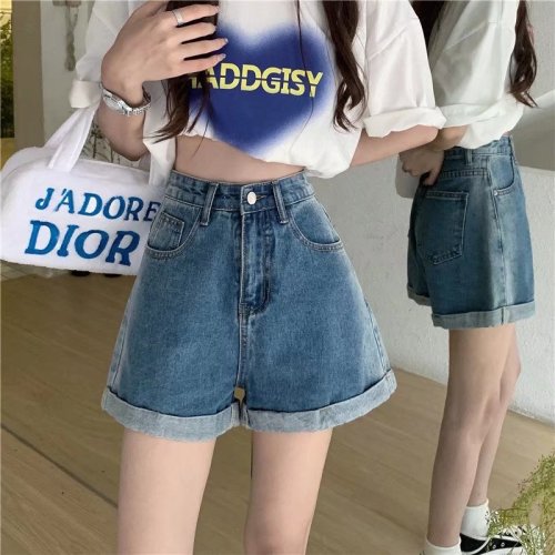 Real shot of high-waisted slimming A-line denim shorts for women summer thin 2024 new loose wide-leg women's hot pants W8971