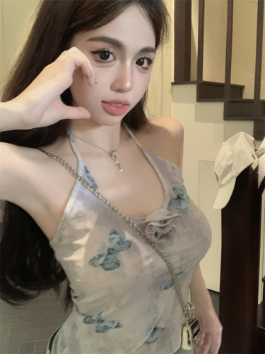 Real shot of hot girl with flower mesh halterneck pure desire butterfly flower slim suspender for women