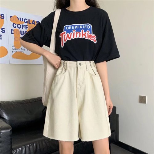 Real shot of summer 2024 new internet celebrity high-waist solid color denim shorts women's trendy ins loose wide-leg pants five-quarter pants