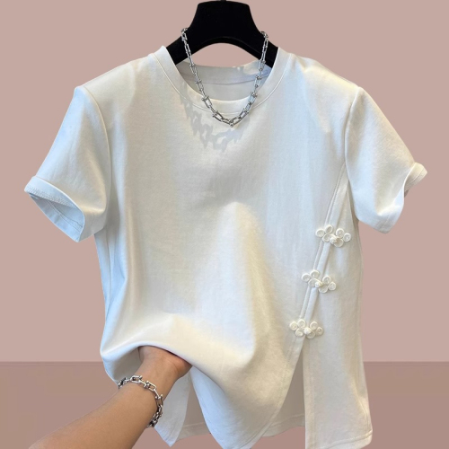 26 count pure cotton button short-sleeved T-shirt for women 2024 summer large size irregular Chinese splicing hem slit top