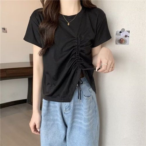 Real shot of large size fat mm loose and slim design tops for women summer wear new style lace-up T-shirt ZT114