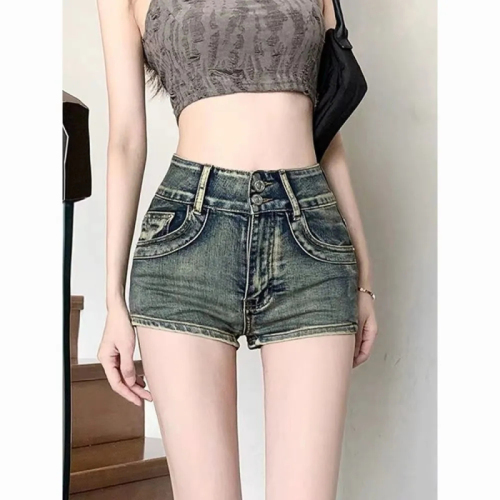 Distressed retro denim shorts women's summer thin high-waisted slim design niche American hottie a-line hot pants