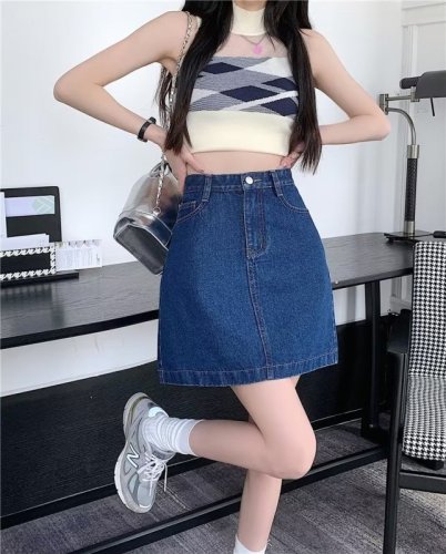 Real shot of temperament Harajuku versatile high-waisted A-line skirt literary short skirt ins new simple solid color trendy women's skirt