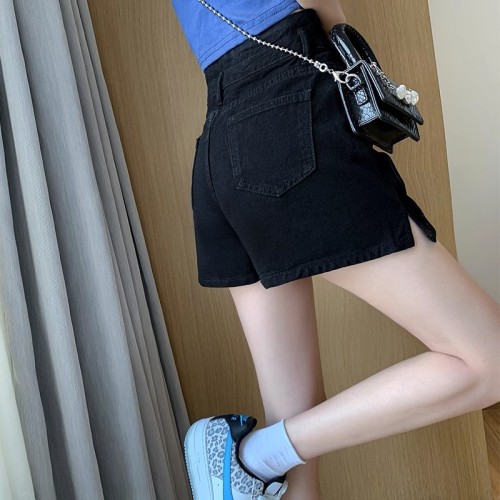 Real shot design niche side slit denim shorts for women summer high-waisted loose A-line hot pants trendy