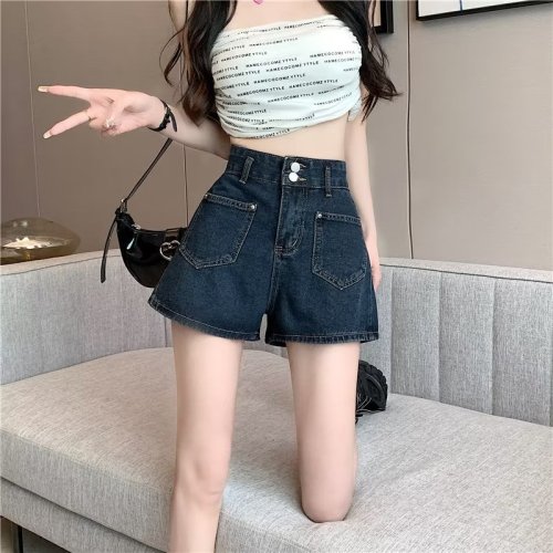 Real shot of high-waist slim denim shorts plus size spring and summer 2024 new wide-leg straight pants for small people WF92