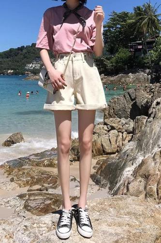 Real shot of high-waisted denim shorts for women, five-point summer loose wide-legged Korean style plus size fat mm slimming A-line hot pants