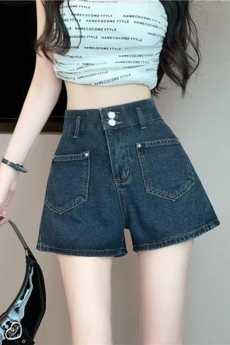 Real shot of high-waist slim denim shorts plus size spring and summer 2024 new wide-leg straight pants for small people WF92