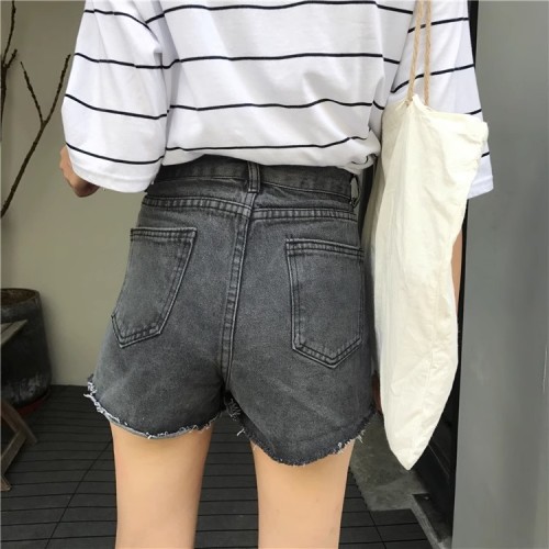 Real shot of high-waisted denim shorts for women in summer, Korean style, versatile, large size, fat mm, loose, wide-legged, ripped, a-line hot pants