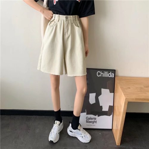 Real shot of summer 2024 new internet celebrity high-waist solid color denim shorts women's trendy ins loose wide-leg pants five-quarter pants