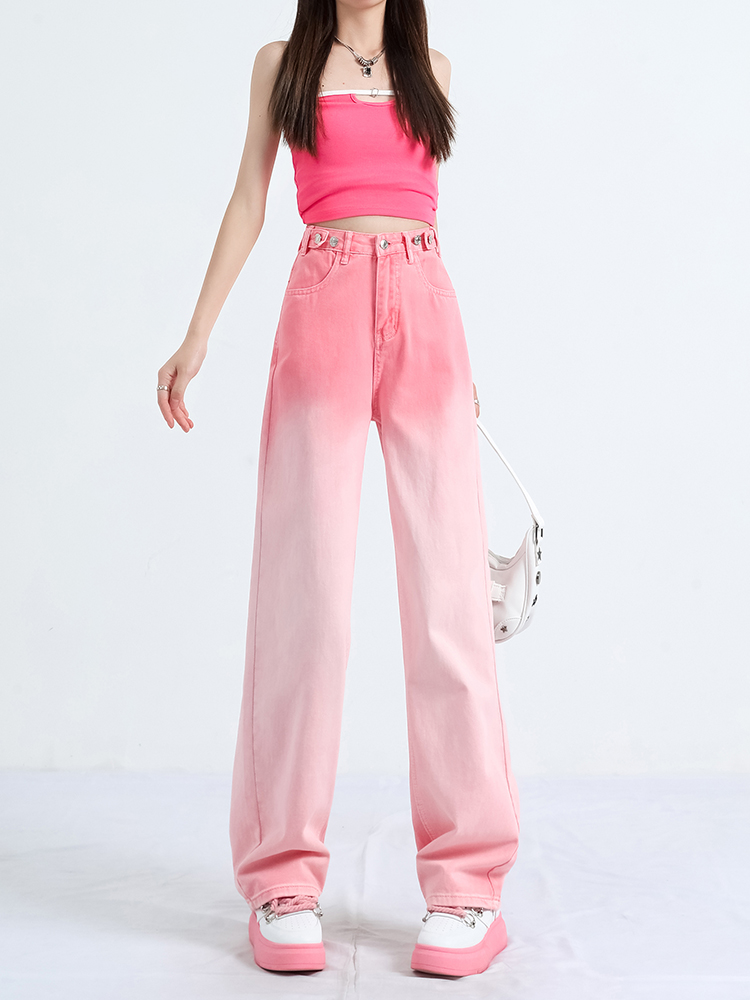 Pink wide-leg jeans for women spring 2024 new high-waisted loose gradient straight-leg floor-length pants