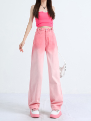 Pink wide-leg jeans for women spring 2024 new high-waisted loose gradient straight-leg floor-length pants
