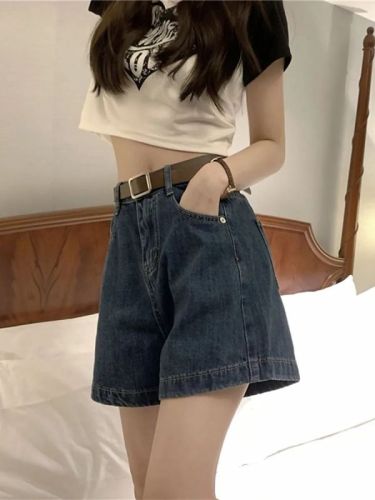 High-waisted denim shorts for women's summer new style washed retro dark blue loose slimming versatile a-line wide-leg hot pants