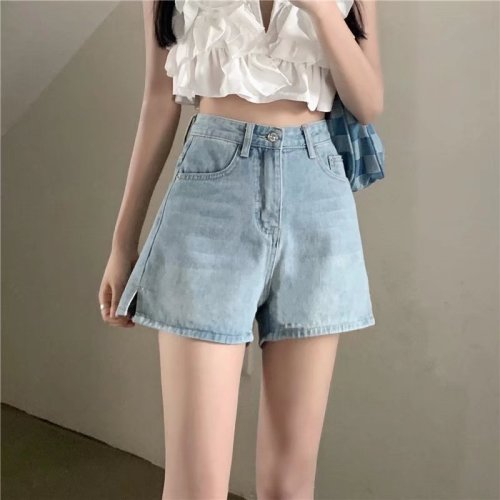 Real shot of summer thin high-waisted denim shorts for women plus size hotties with slits, loose wide legs, A-line hot pants WF06