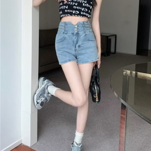 Real shot of high-waisted denim shorts for women summer 2024 design sense a-line super shorts plus size hot pants WF40