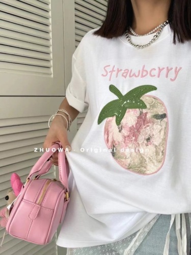 重工草莓带钻短袖T恤女2024夏季新款宽松减龄复古时尚气质上衣女