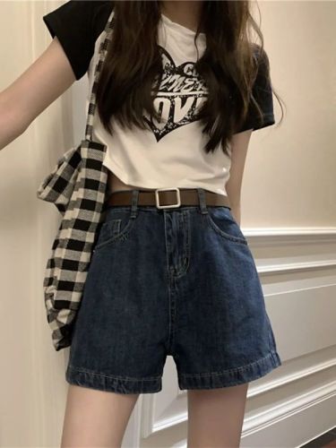 High-waisted denim shorts for women's summer new style washed retro dark blue loose slimming versatile a-line wide-leg hot pants