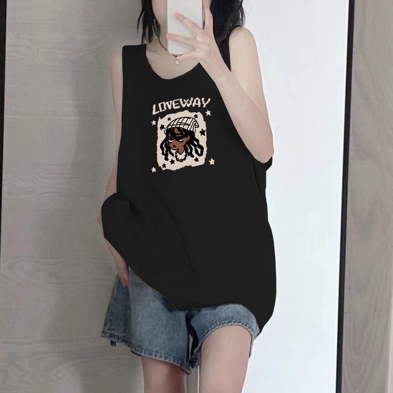 美式復古黑色純棉坎肩背心t恤女夏季外穿中長款寬鬆辣妹無袖上衣