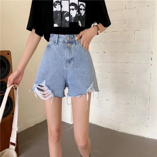 Real shot of high-waisted denim shorts for women, new thin style, large size, slim, loose, A-line wide-leg hot pants, trendy ins