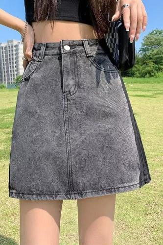 Real shot of large size fat mm smoky gray high-waisted denim short skirt for women in summer retro sweet hot girl slimming A-line skirt WF36