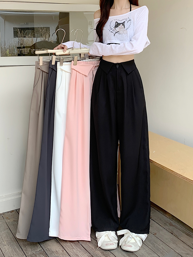 Actual shot of loose-fitting large-size suit pants for women with a sense of design. Drapey high-waisted straight casual floor-length wide-leg trousers 9349