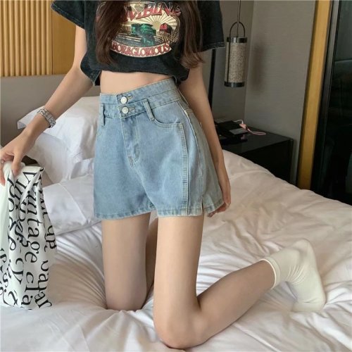 Real shot of high waisted large size slit denim shorts for women summer loose wide leg double button A line hot pants ins trendy WF35