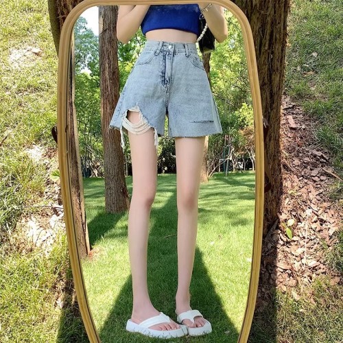 Real shot of ripped wide-leg denim shorts for women 2024 summer new slim high-waisted large size loose A-line hot pants