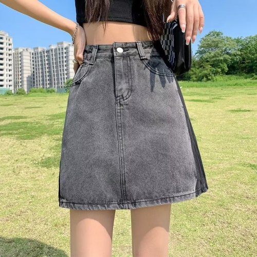 Real shot of large size fat mm smoky gray high-waisted denim short skirt for women in summer retro sweet hot girl slimming A-line skirt WF36