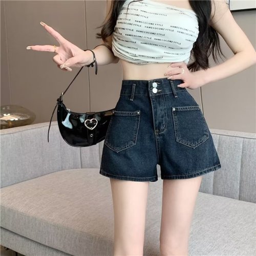 Real shot of high-waist slim denim shorts plus size spring and summer 2024 new wide-leg straight pants for small people WF92