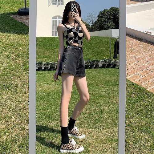 Real shot of gradient color curled denim shorts for women 2024 summer high-waisted loose wide-leg A-line hot pants trendy ins