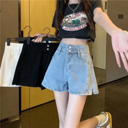 Real shot of high waisted large size slit denim shorts for women summer loose wide leg double button A line hot pants ins trendy WF35