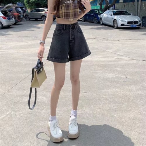 Real shot of high-waisted slimming A-line denim shorts for women, summer thin, versatile, loose, wide-legged, women's hot pants W8971