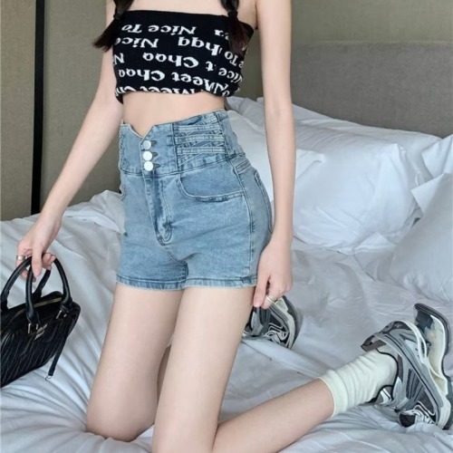 Real shot of high-waisted denim shorts for women summer 2024 design sense a-line super shorts plus size hot pants WF40