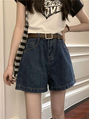 High-waisted denim shorts for women's summer new style washed retro dark blue loose slimming versatile a-line wide-leg hot pants