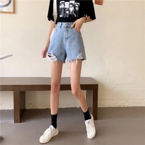 Real shot of high-waisted denim shorts for women, new thin style, large size, slim, loose, A-line wide-leg hot pants, trendy ins