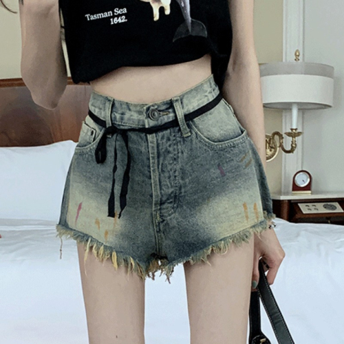 Jeans ins natural waist, versatile, simple and trendy Harajuku women's shorts, new summer wide-leg pants, lazy temperament